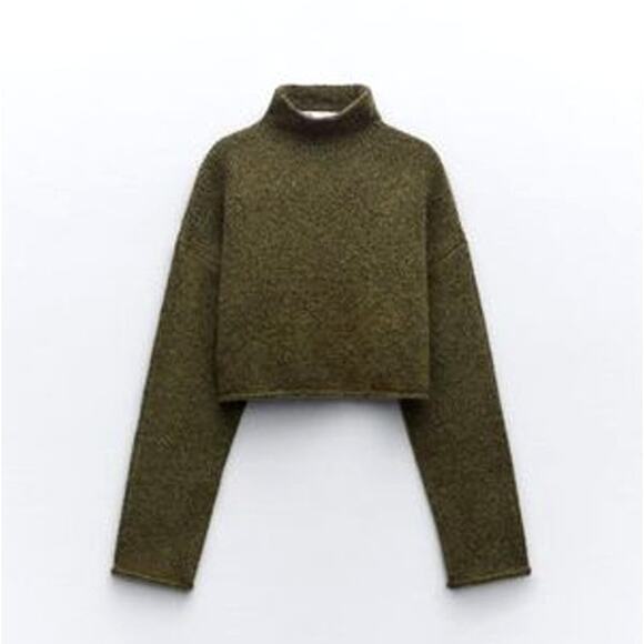 Zara Sweaters - Zara Alpaca Wool Blend Cropped Relaxed Turtleneck Sweater Olive Green L
